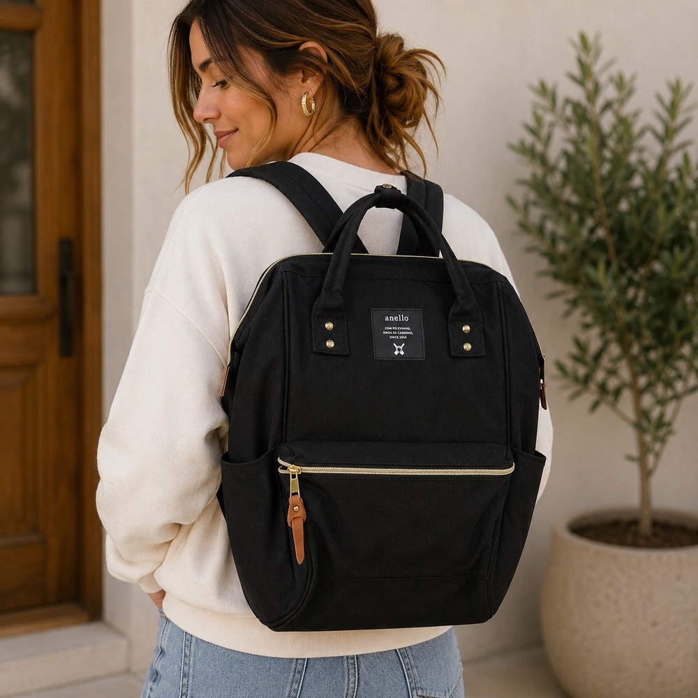 Anello Kuchigane Black Canvas Backpack Wide Opening Hinged Top Bag Gold Hardware